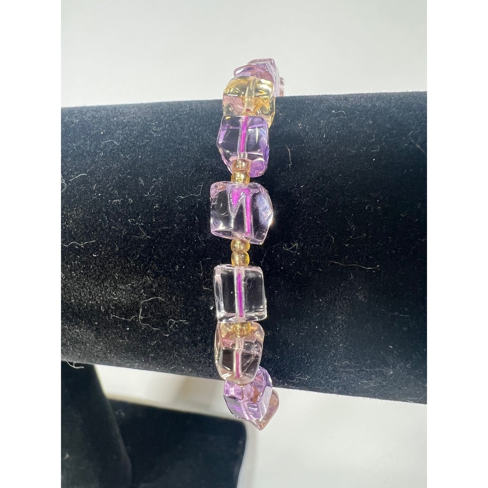 Ametrine Square Glass Bead Stretch Bracelet Gold Accents